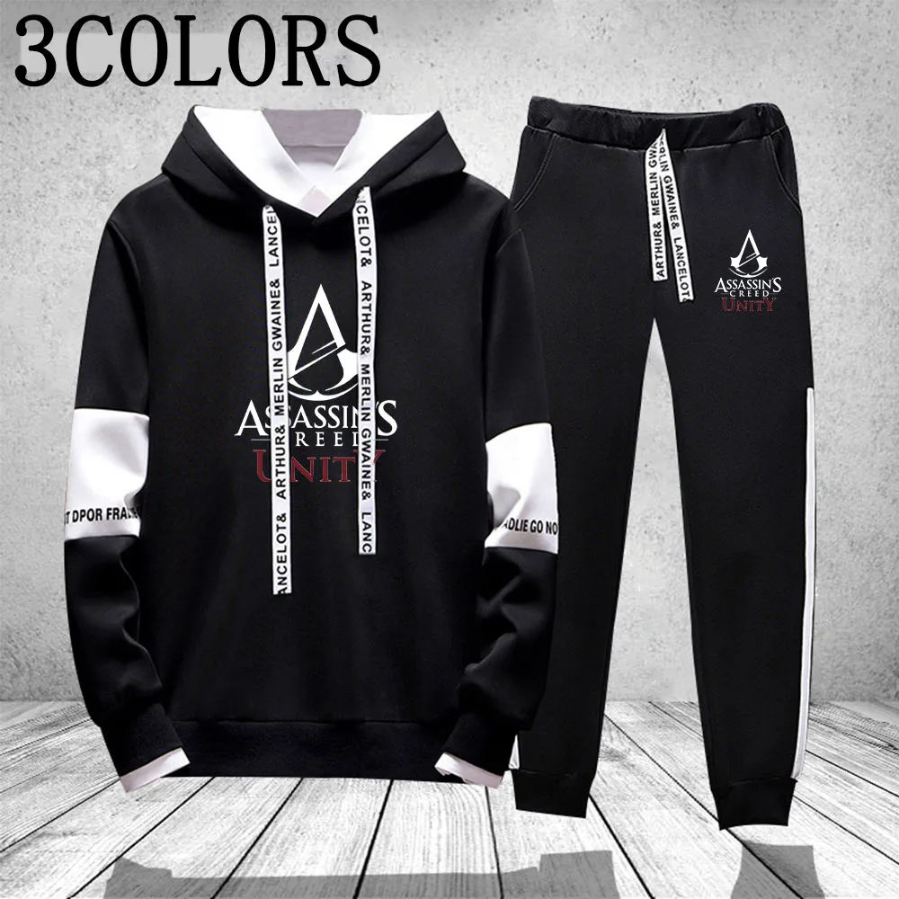 

Men's Assassin's Game Printed Hooded Hoodies Outfits Letter Tops + Sweatpants Set Man 2PCS Hooded Suit Fashion Street Sportswear