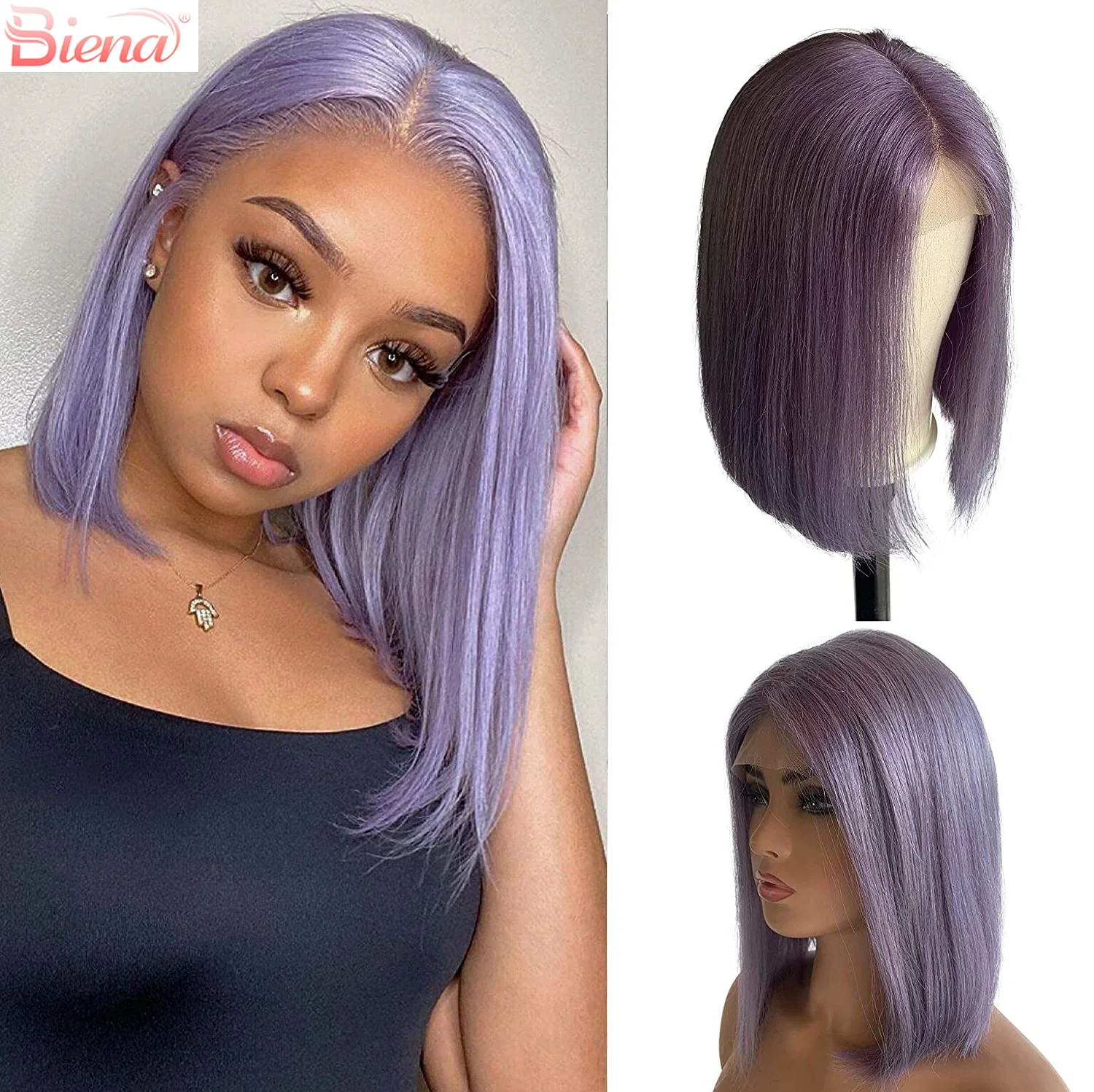 Purple Lilac Bob wig Human Hair 13x4 Lace Frontal Glueless Straight Pre Plucked 180% Density Free Part Short Blunt Cut Bob Wig