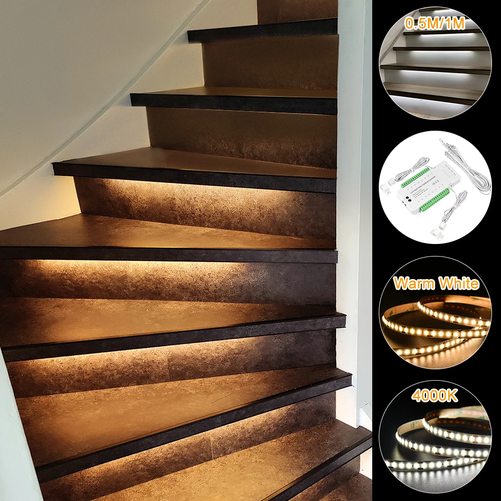 16 Steps 0.5M 1M Dual Motion Sensor LED Strip Stair Lighting moving effect for Staircase-Plug and Play