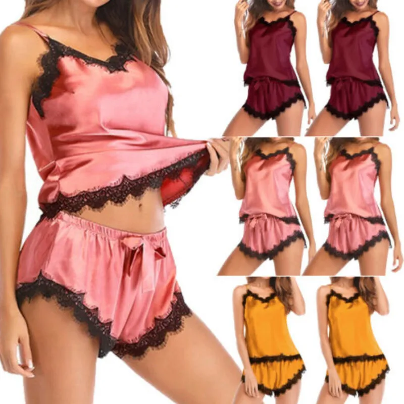 Женский комплект из 2 предметов Шелковый Атласный Кружевной укороченный топ и