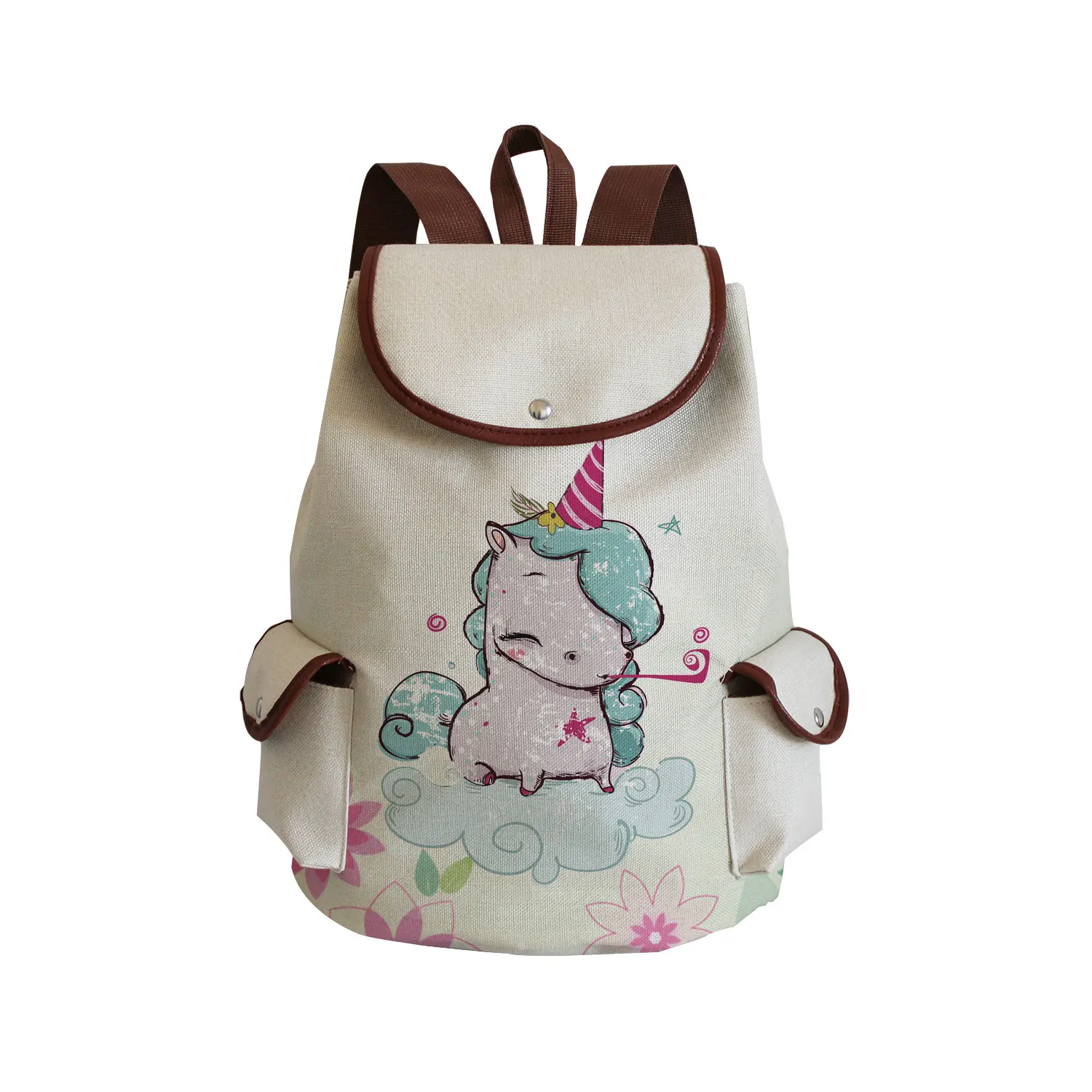 Cute Cartoon Drawstring Backpack Floral Painting Unicorn Printed Handbag Fashion All-Match School Bag Large Capacity Book