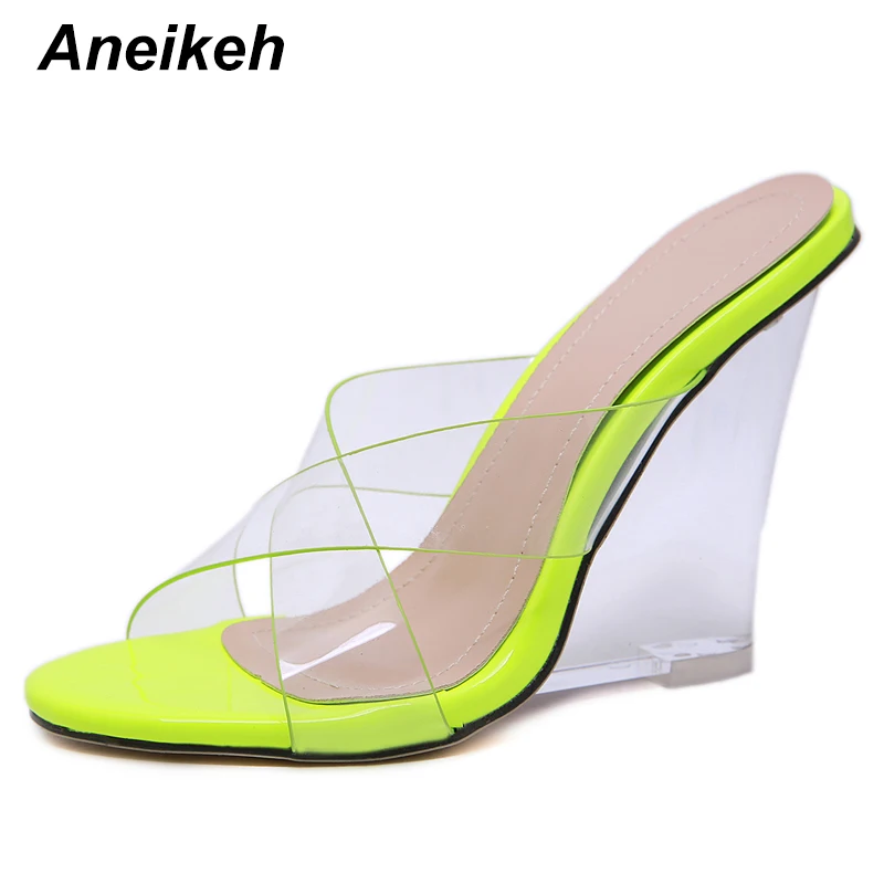 green Aneikeh/сандалии; женская обувь из ПВХ; Кристальные клинья; прозрачные женские пикантные прозрачные летние босоножки на высоком каблуке; Туфли-лодочки; размер 41 - Цвет: green