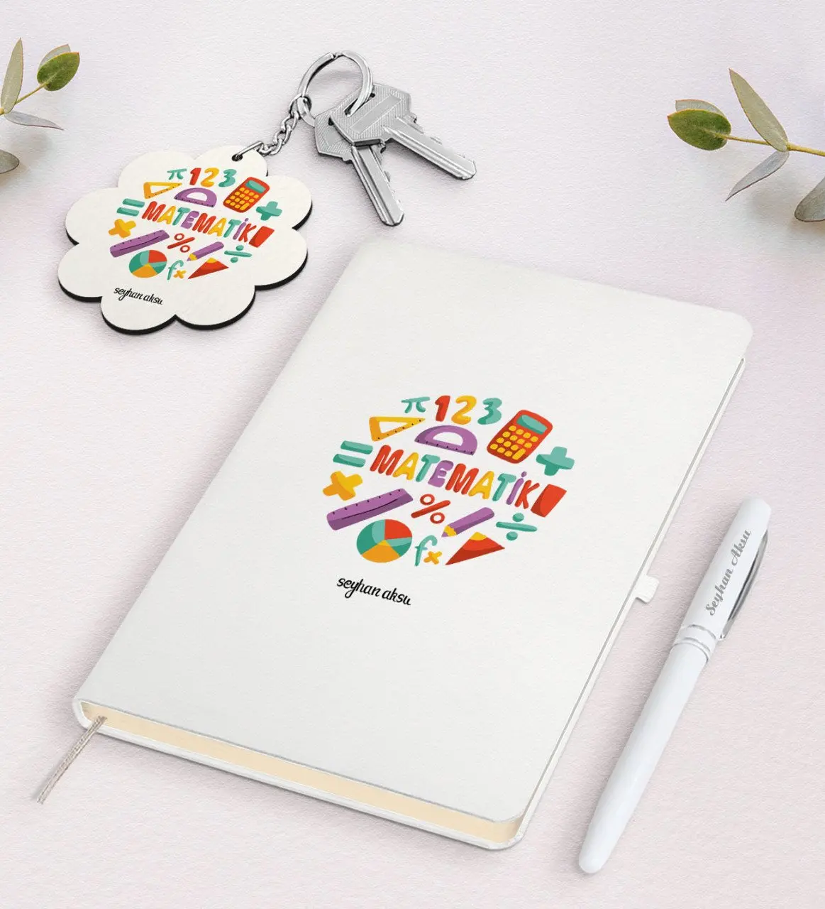 

Personalized Math Teacher White Notebook Pen and Keychain Gift Seti-13
