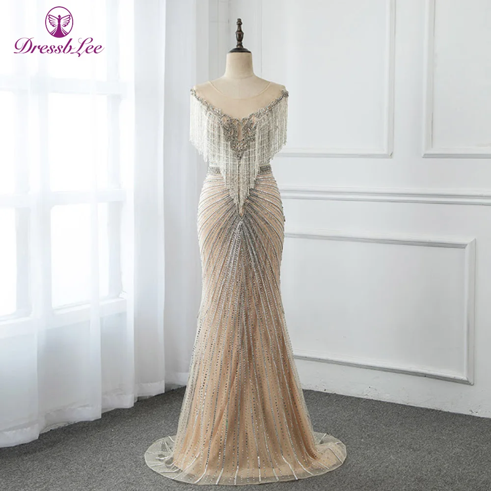 

DressbLee Sparkly Mermaid Prom Dress Full Crystal Beaded Long Prom Dresses Cap Sleeves Backless Formal Party Gown vestido