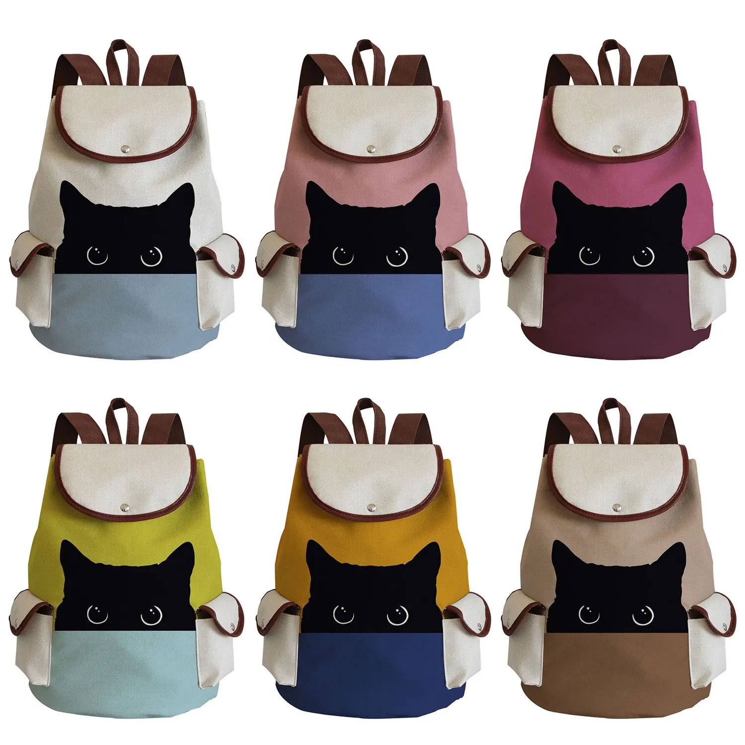 

Black Cat Print Linen Student Backpacks Casual Women Drawstring Design Travel Rucksack Lady Shoulder Schoolbag Custom Pattern