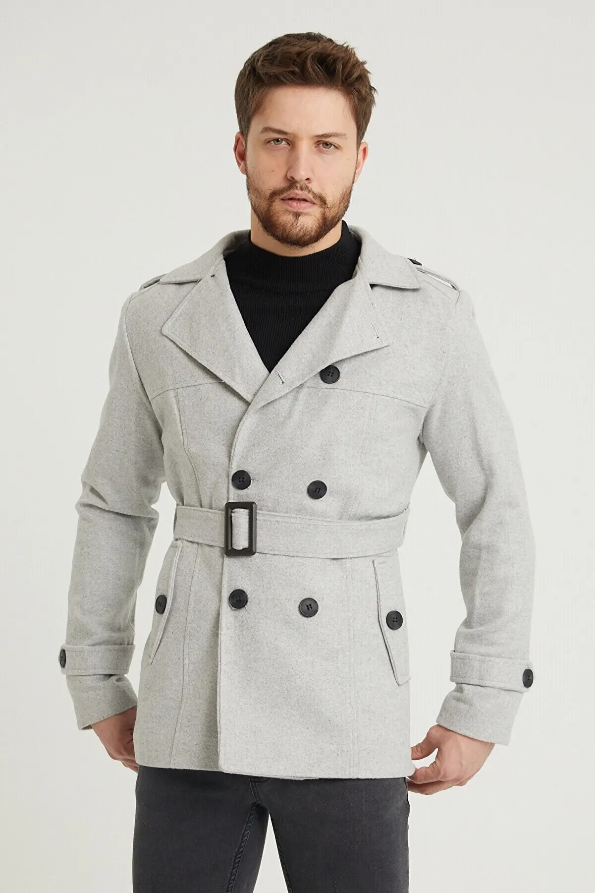 Men's Black & Grey Cotton Belted Coat Parka Winter Thick Warm Slim Fit Solid Color Male Jacket Casual Business Trench Coat Style