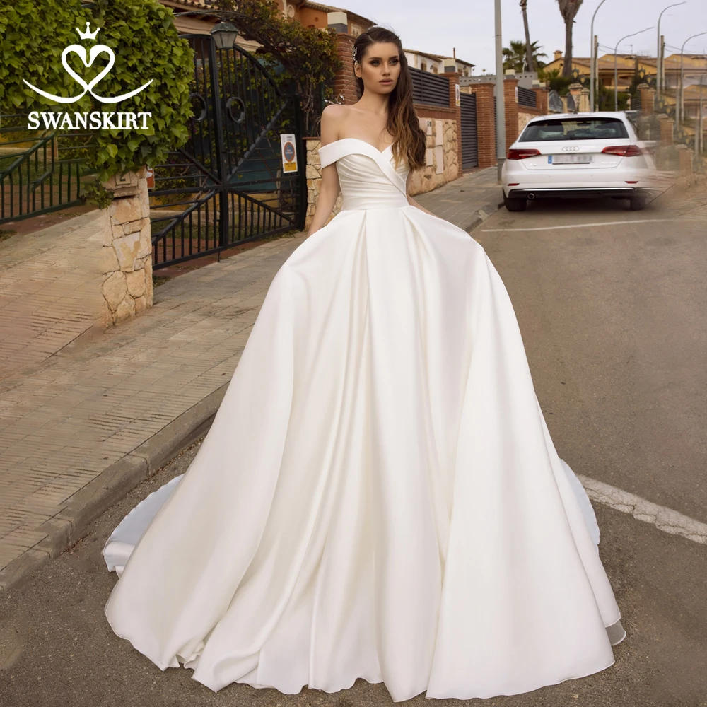 Бохо атласное свадебное платье Swanskirt с открытыми плечами А-силуэта с карманами на молнии платье невесты по индивидуальному заказу Vestido de Noiva TZ23