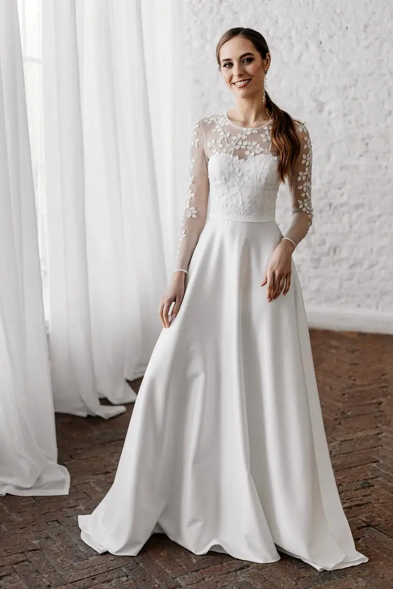 

CloverBridal 2021 Romantic 3D Lace Bridal Gown Illusion Long Sleeves Satin Wedding Dress Свадебное платье robes de mariageWW8440