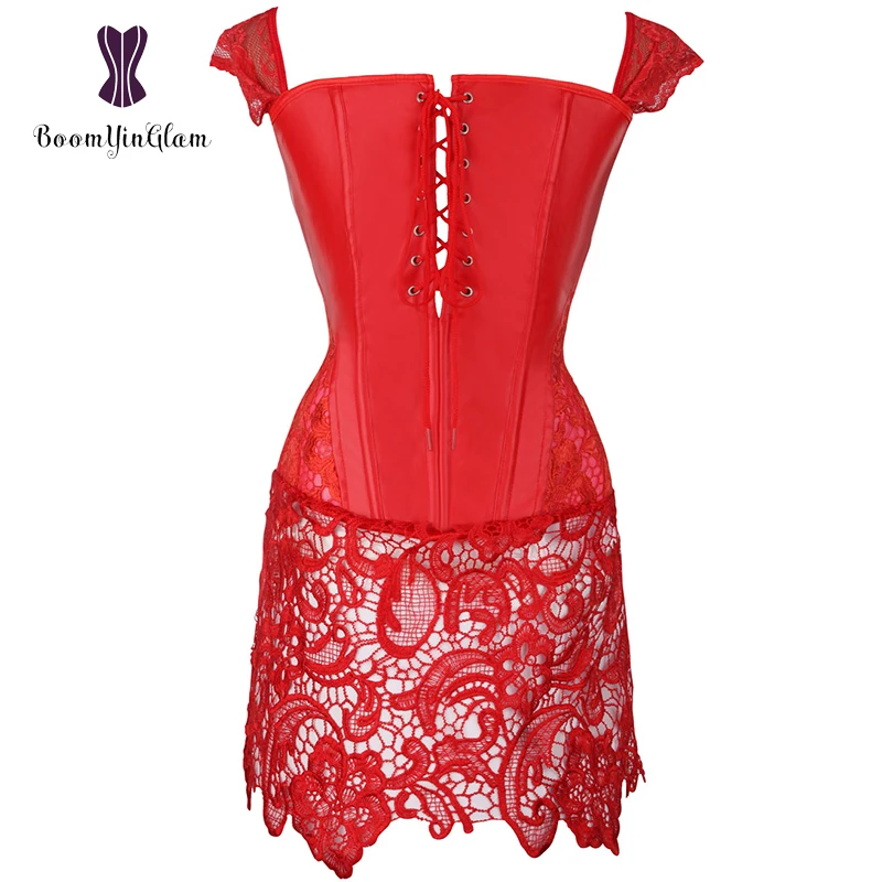 Back Zipper Women's Gothic Lace Up Front Punk Faux Leather Bustier Corset Dress Plus Size Lingerie 903#