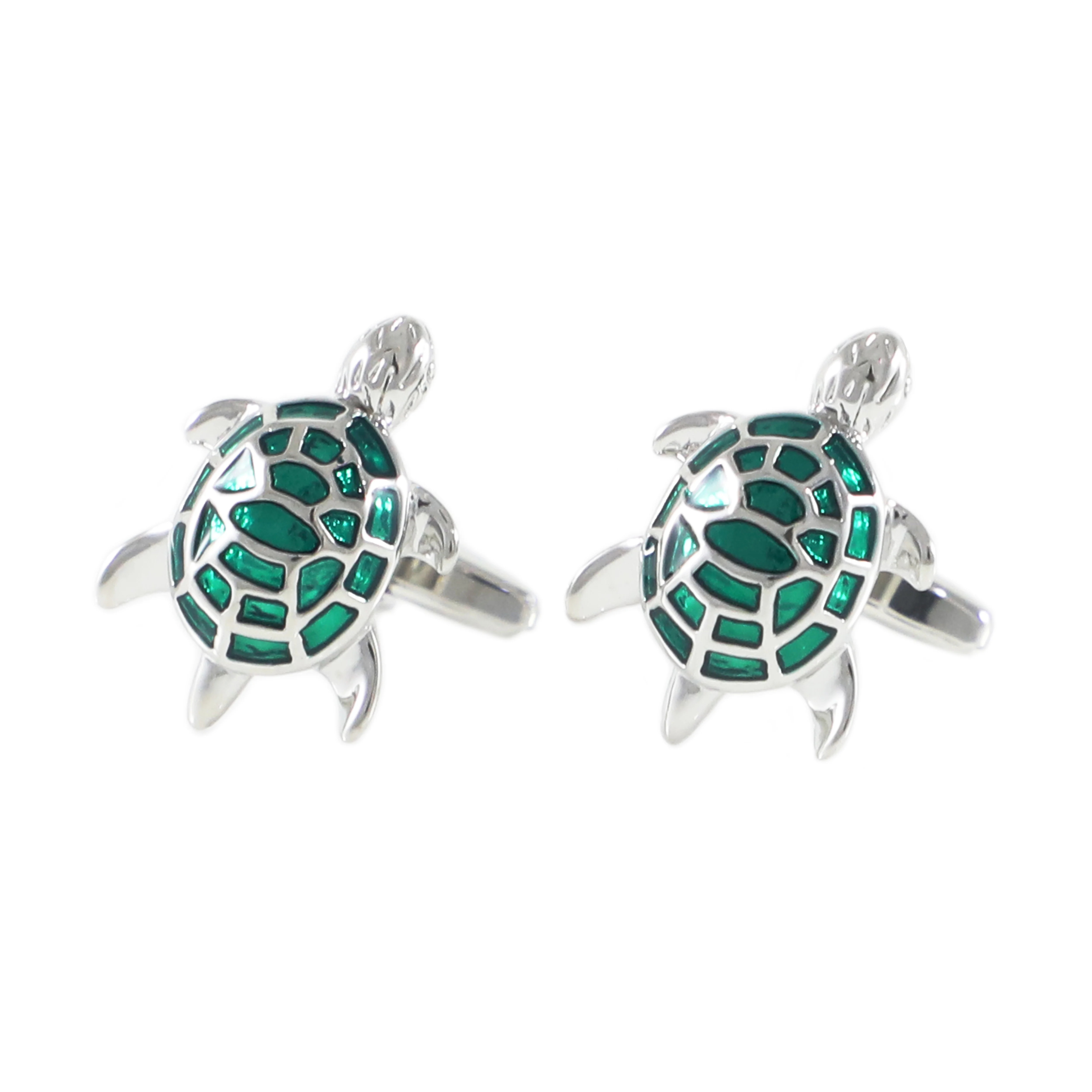 Зеленые полупрозрачные эмалированные запонки в виде черепахи|Зажимы для