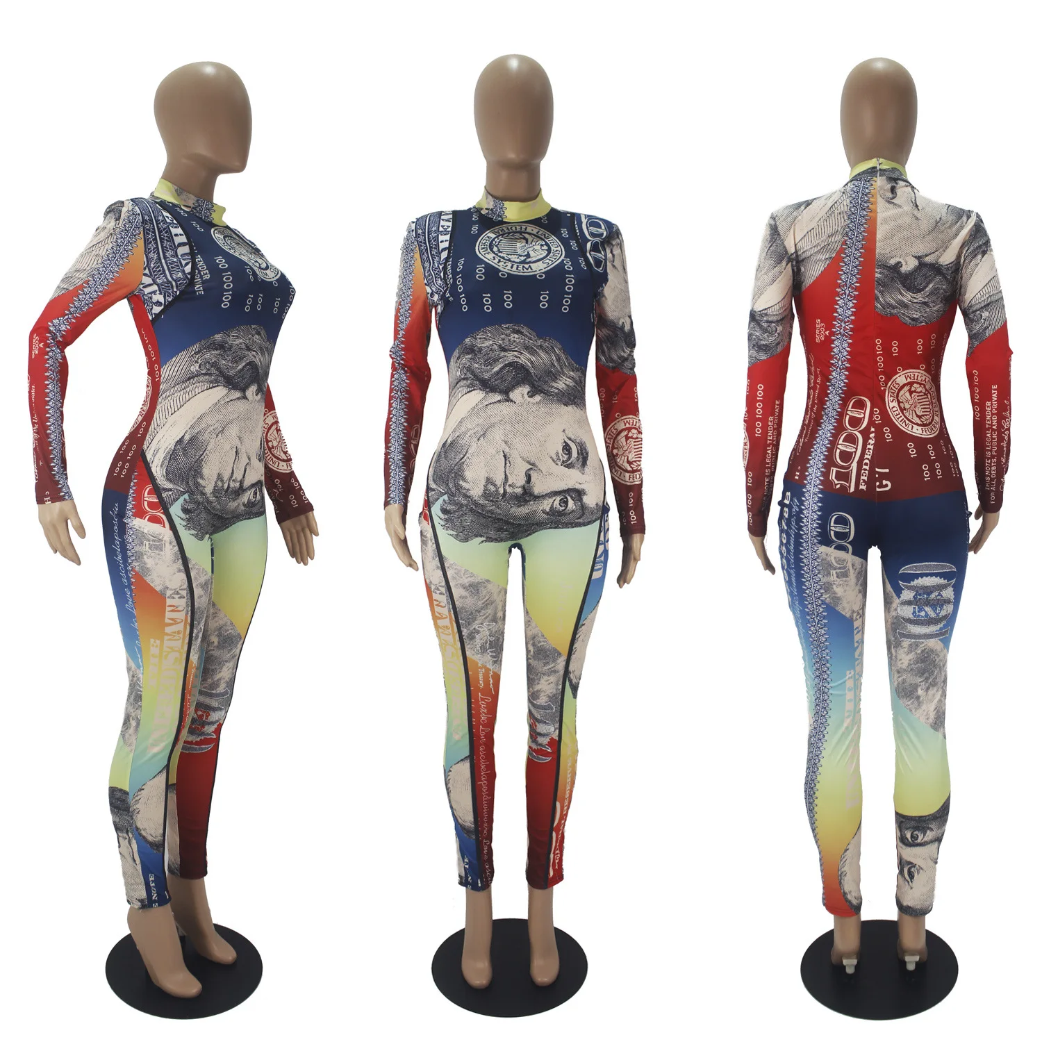 2022 Summer Fashion Sports Leisure Sexy Skinny Dollar Print Long Sleeves Jumpsuits for Women