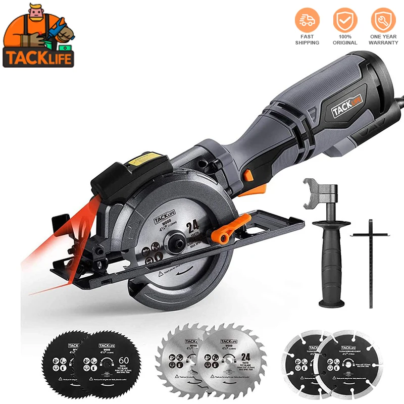 

TACKLIFE TCS115A Mini Circular Saw 5.8A 3500RPM Metal Handle With 6 Blades,Laser Electric Saw For Wood, Soft Metal
