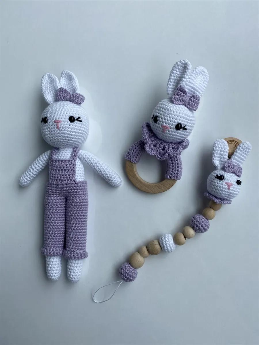 

Jaju Baby Handmade Amigurumi Purple Rabbit 29 cm Rattle and Pacifier Chain Triple Set