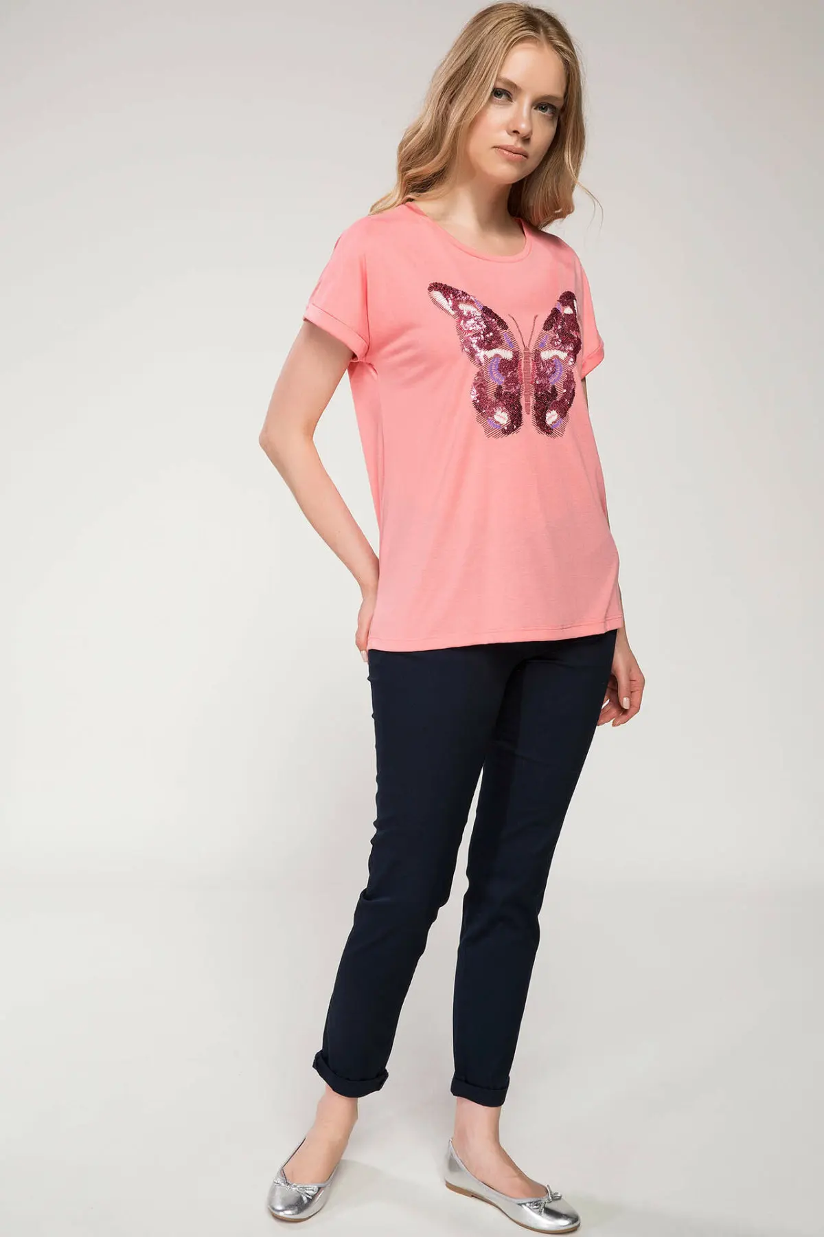 DeFacto женская розовая футболка с блестками и бабочками Женская Повседневная
