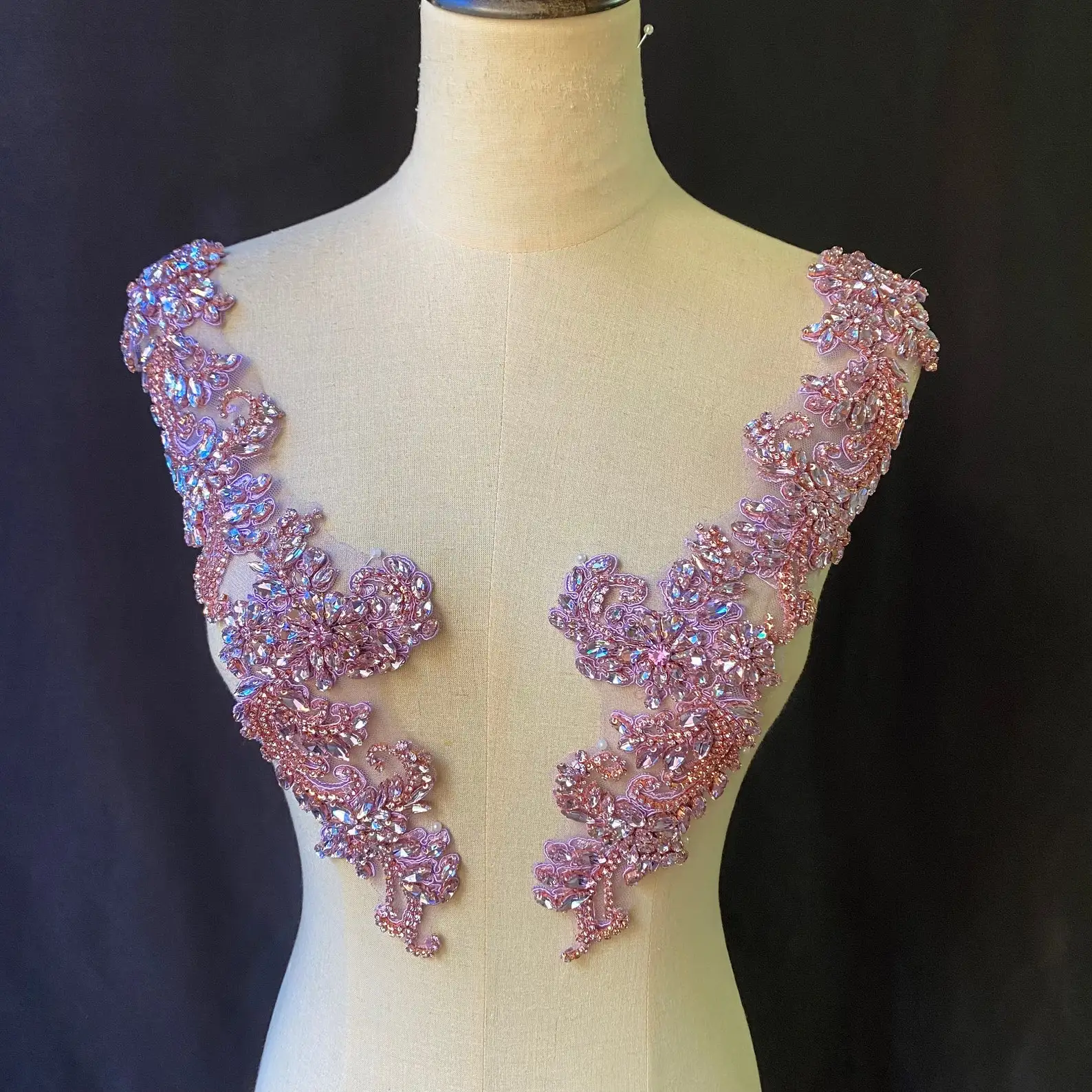 

1 Pair Light Purple Handmade Haute Couture Flower Rhinestone Beading Iron on Applique Bridal Bodice Belt Sash Wedding Motif