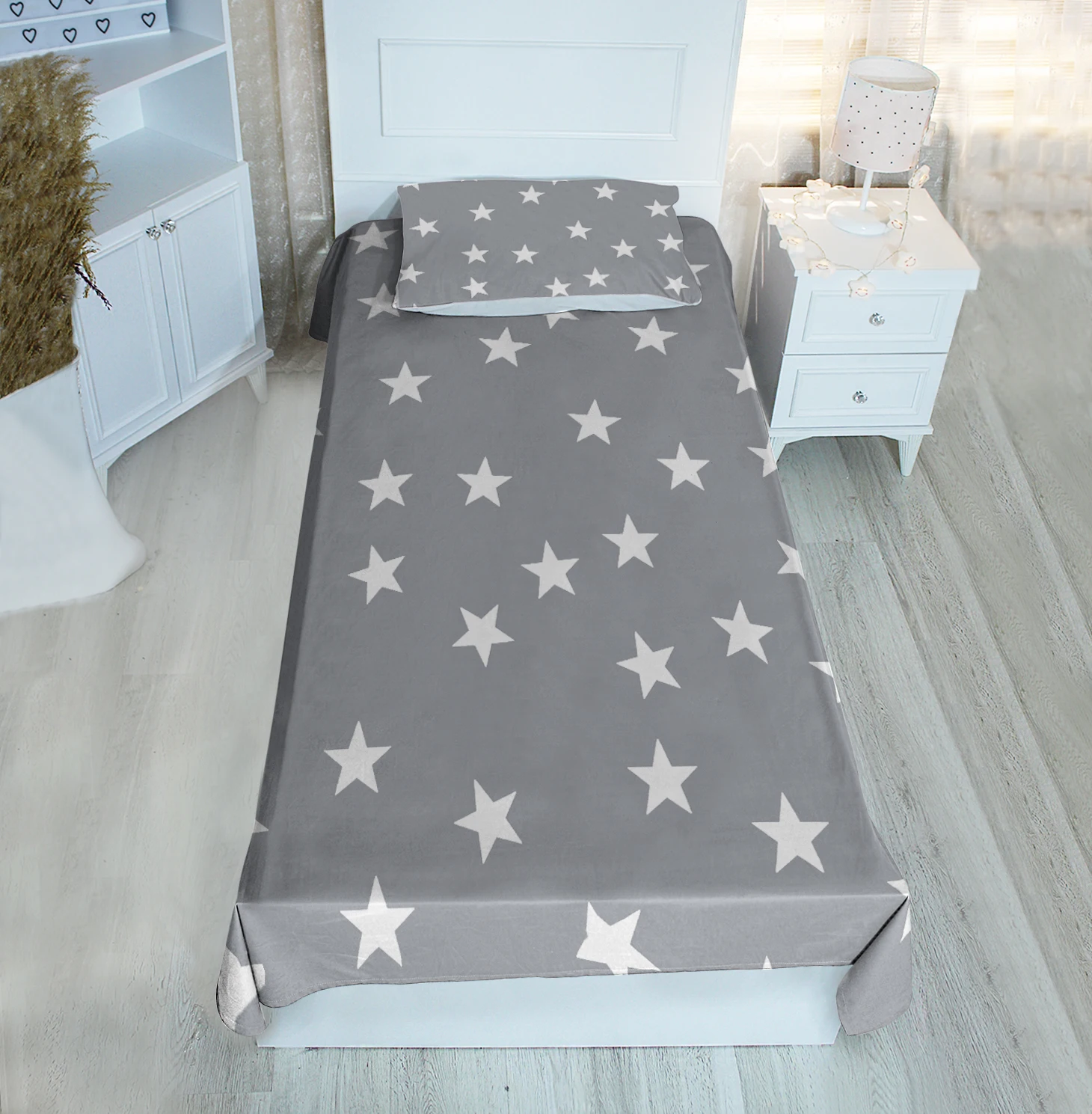 

Grey single bed cover plain grey white star patterned velvet fabric Free Shipping quality product kids room decoration baby room