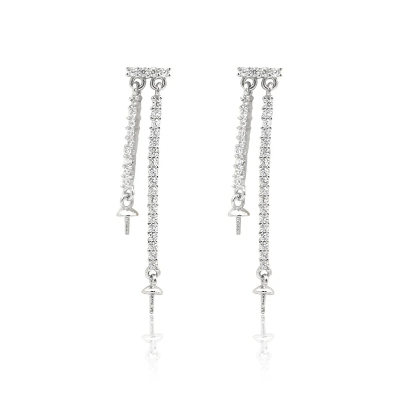 

2pcs 925 Sterling Silver Stud Dangle Earrings Settings Findings Platinum Plated With Zirconia For Half Drilled Beads