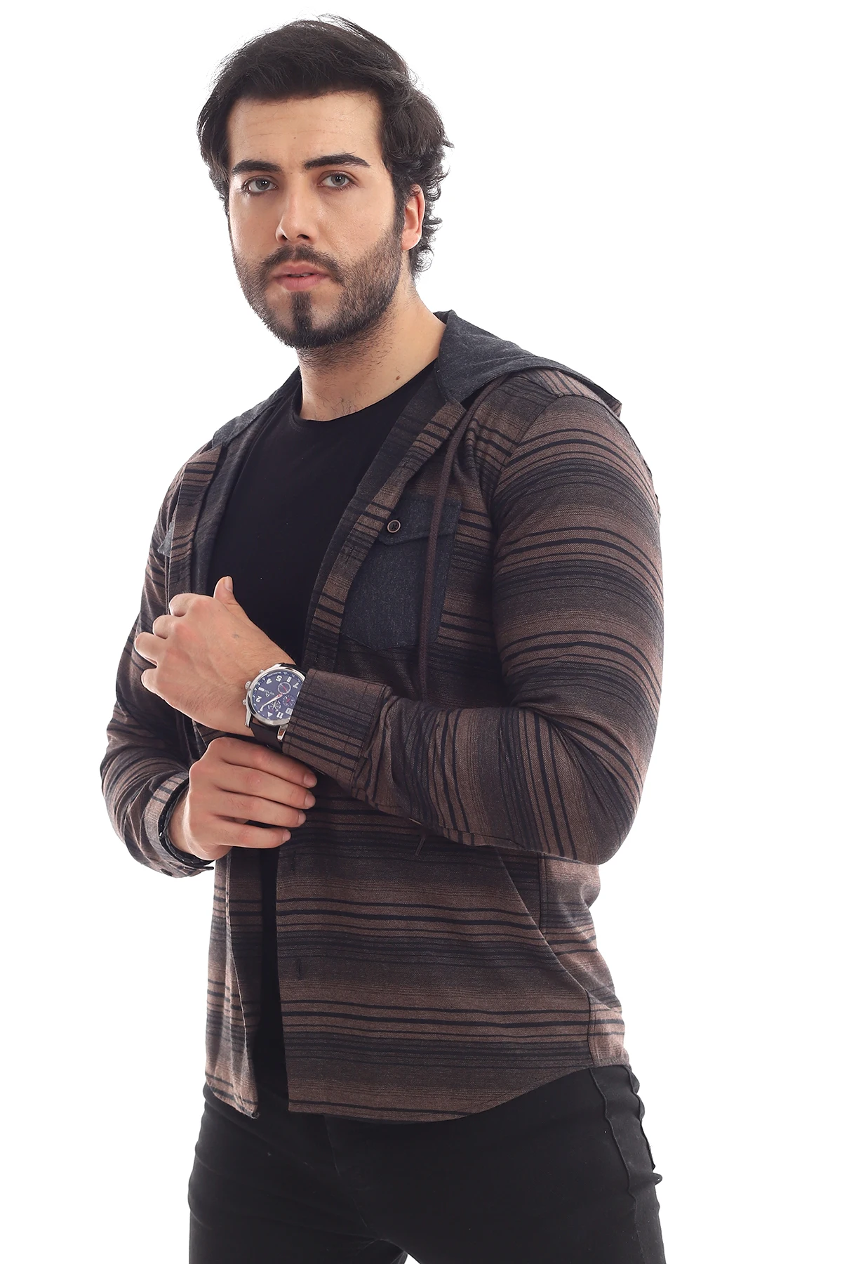 WOODCUTTERS HOODED CASUAL SLYM FİT MALE GÖMLEĞİ (BLACK BEIGE) | Мужская одежда