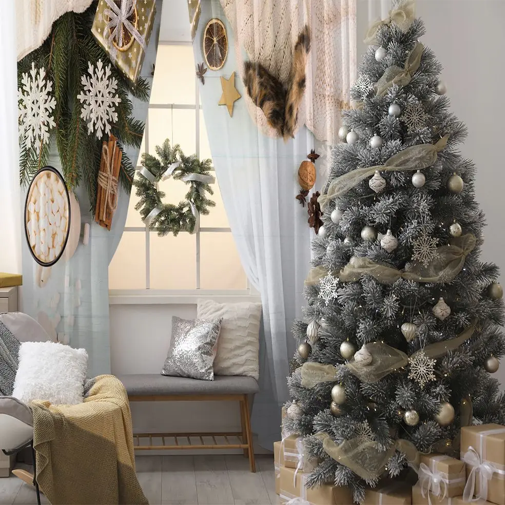 

Curtain Pine Tree Branches Cones Marshmallows and Wrapped Gift on Wooden Table Photo Beige White Green
