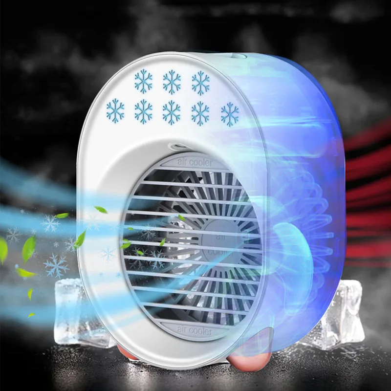 

2021 New Mini Fan Air Cooler Humidifier Spray Refrigeration Small Fan Charging Portable Air Conditioner USB Desktop Cooling Fan