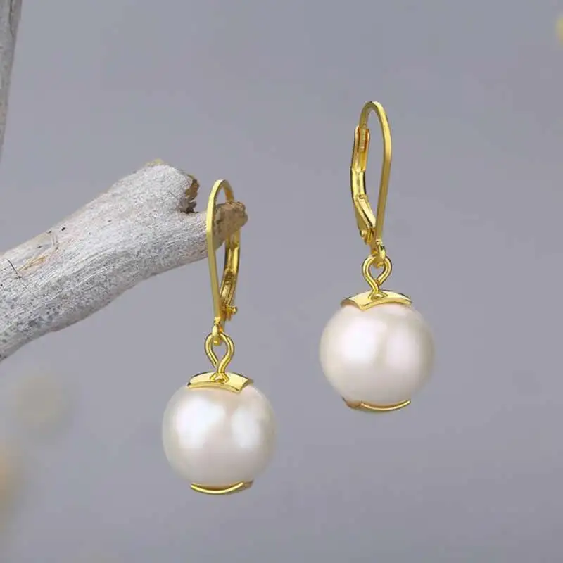 

Pure S925 Silver Earrings Women Round Pearl Dangle Earrings Vintage Earrings