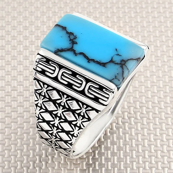 

Checked Patterned Plain Turquoise Gemstone Silver Men's Ring Handmade Vintage Ring Made in Turkey 925 Sterling Silver