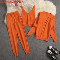 alphalmoda 2020 spring candy color knitted cardigans camisole pants 3pcs fashion suit women seasonal stylish clothes set