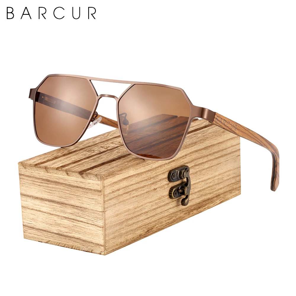 

BARCUR Polarized Brand Design Zebra Wood Temple Women Sunglasses Hexagon Metal Frame Men Glasses UV400 Free Wood Case