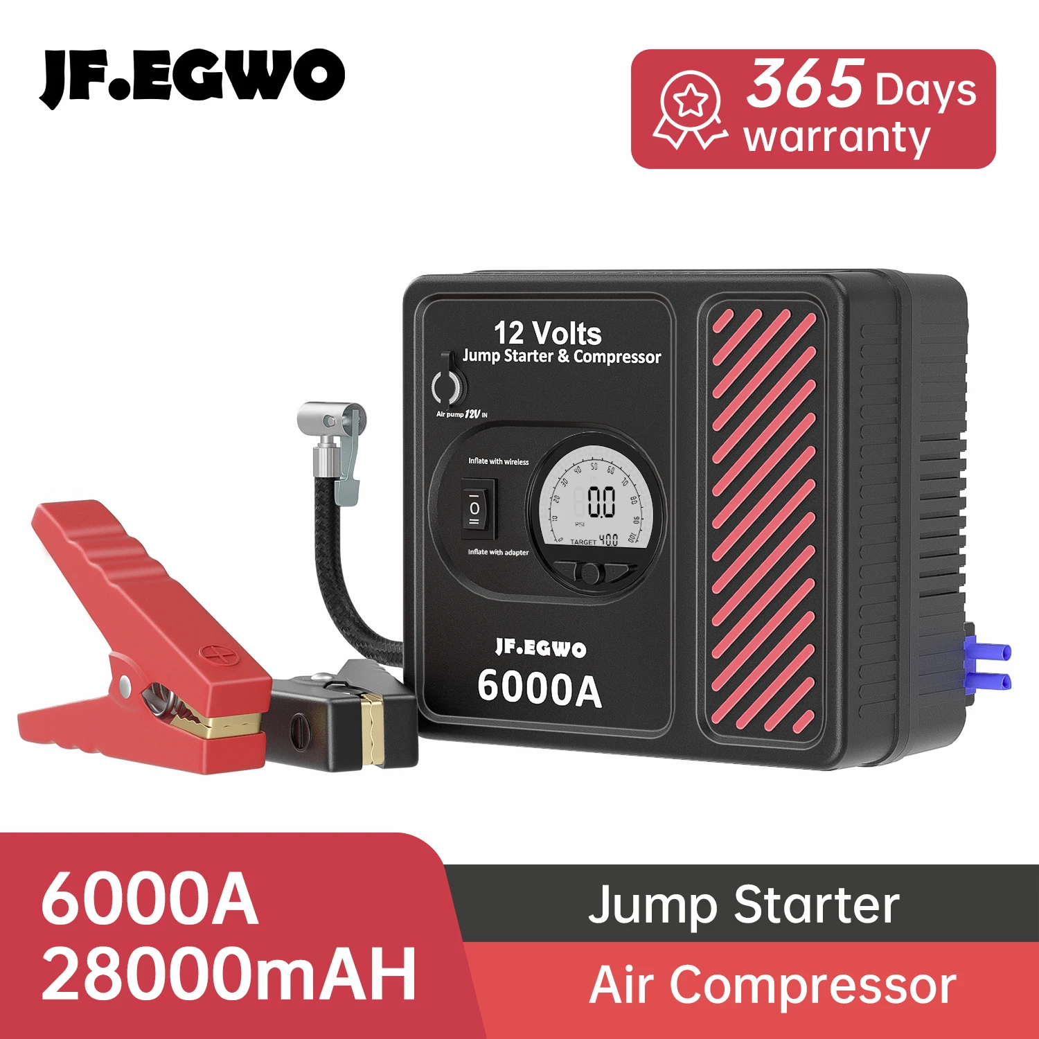 

JF.EGWO 6000A Car Jump Starter Tire Inflator 150PSI Air Compressor Starting Device Battery Power Bank Charger For 12V 28000mAh