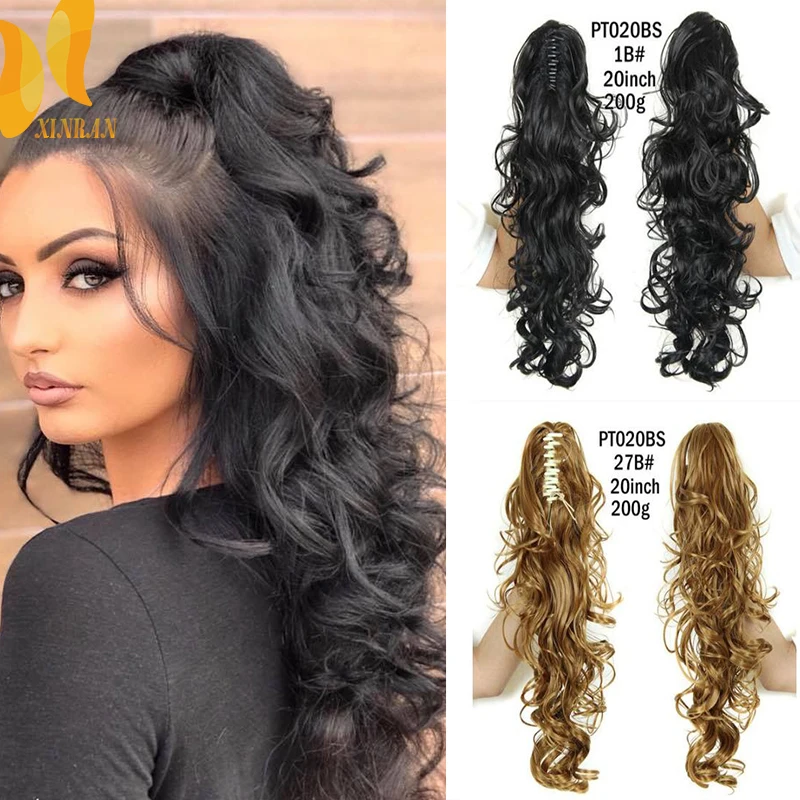 XINRAN Synthetic Long Thick Wave Ponytail Extension Claw Clip Wavy Ponytail Extensions  Fiber Clip In Hair Extensions For Women