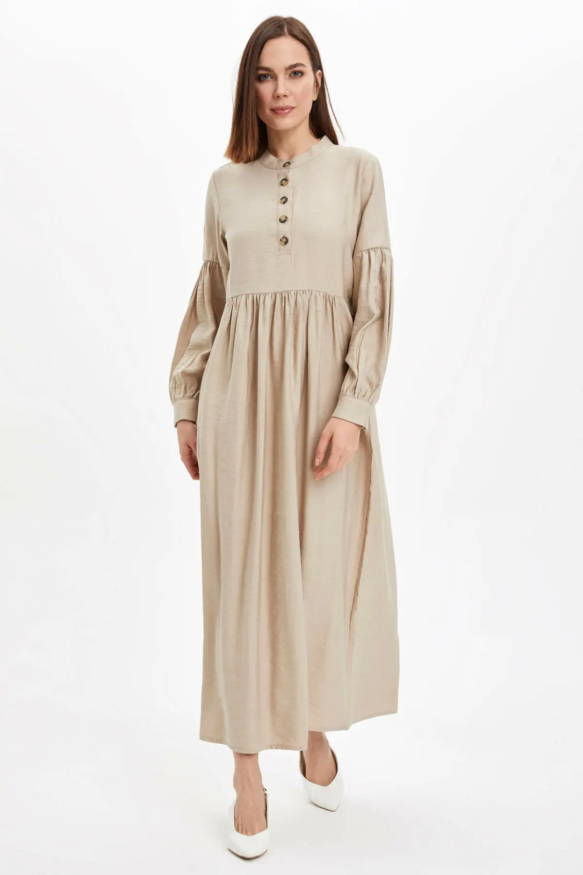 Женское Тканое платье DeFacto весеннее платье-блузка бежевого цвета с длинным