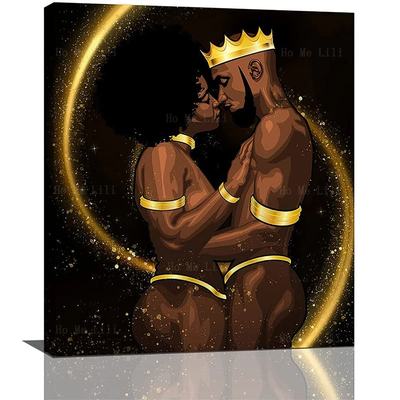 

Афроамериканская черная Золотая парная силуэт для влюбленных король и королева Картина на холсте для стены декор для спальни гостиной