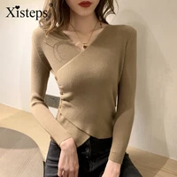 xisteps knitted v neck cross elegant sweater women autumn long sleeve jumper female winter solid button pullover 2020 nine color