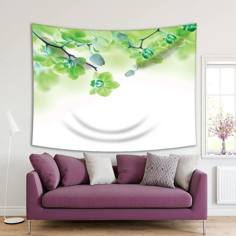 

Tapestry Orchids Branches Tropical Flowers Buds on Becomes Blurred Background Decorating Photo Printed Green White