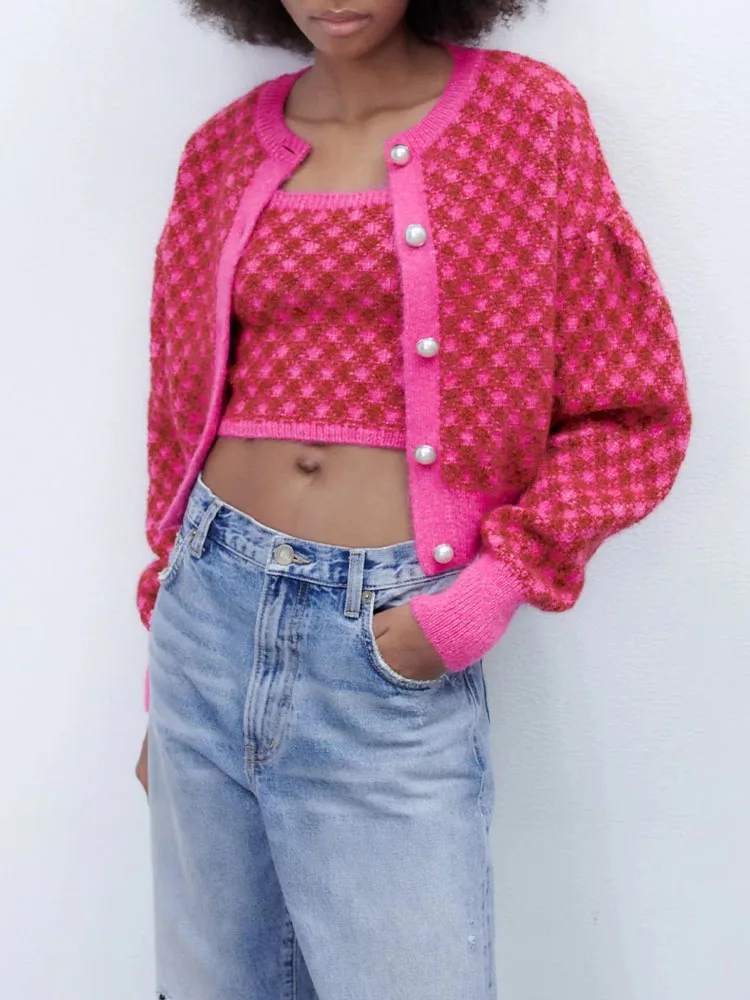 Новинка Зима 2022 женская одежда милый клетчатый вязаный жакет на пуговицах с