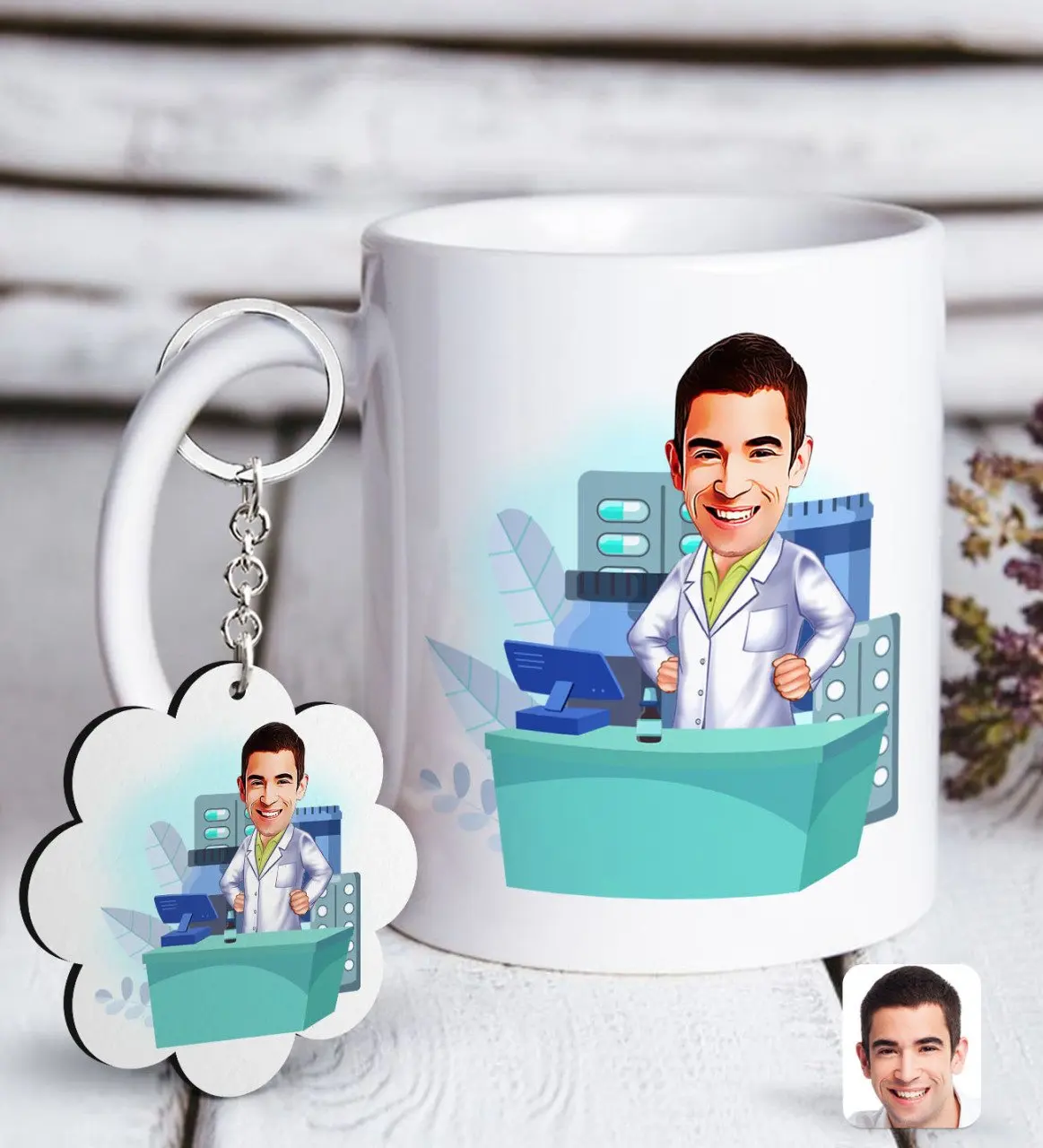 

Personalized Men 'S Pharmacist Caricature Of White mug And Keychain Gift set-4