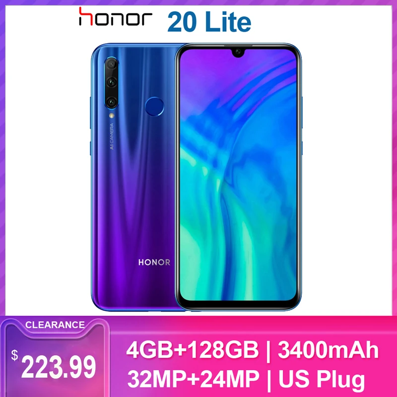 6,21 дюймовый FHD+ Honor 20 Lite мобильный телефон 4 Гб 128 Гб 32 Мп+ 24 Мп Android 9,0 восьмиядерный смартфон с функцией распознавания лица NFC 3400 мАч 4G