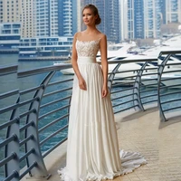 boho scoop sleeveless wedding dresses 2021 lace appliques backless chiffon bridal gown sweep train for elegant hot sale