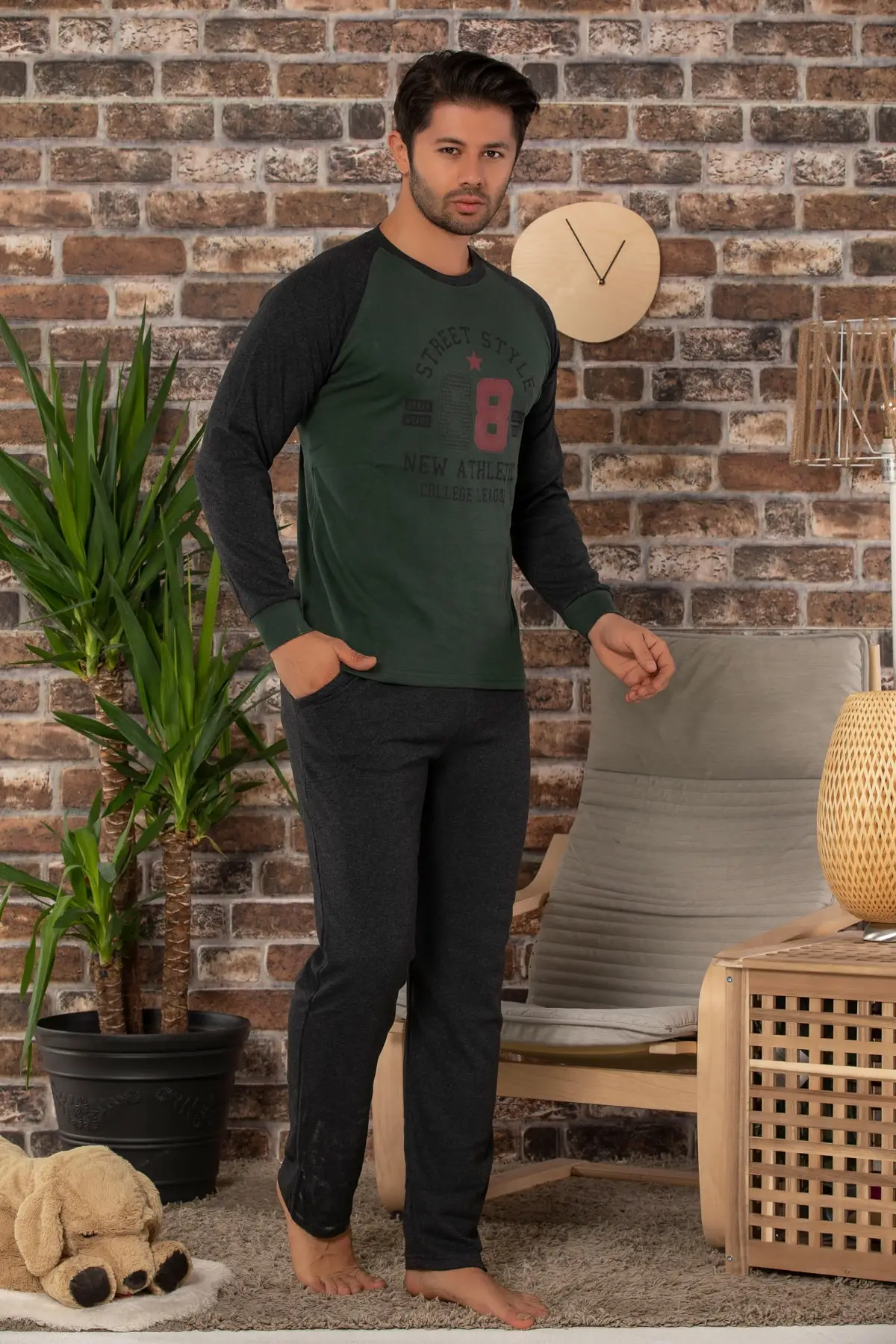 Клубничный Мужской зеленый хлопковый Пижамный костюм с длинными