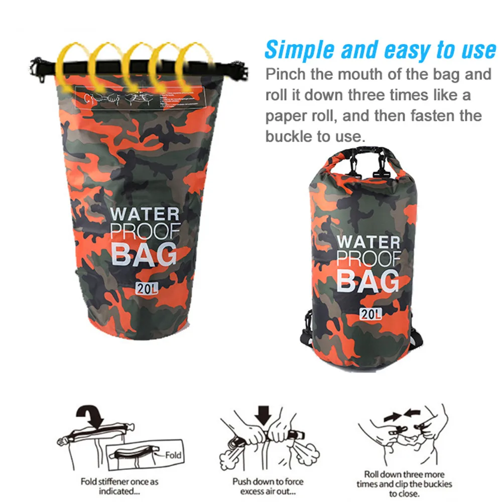 Водонепроницаемая сухая сумка 20 л камуфляжная уличная для дайвинга складной