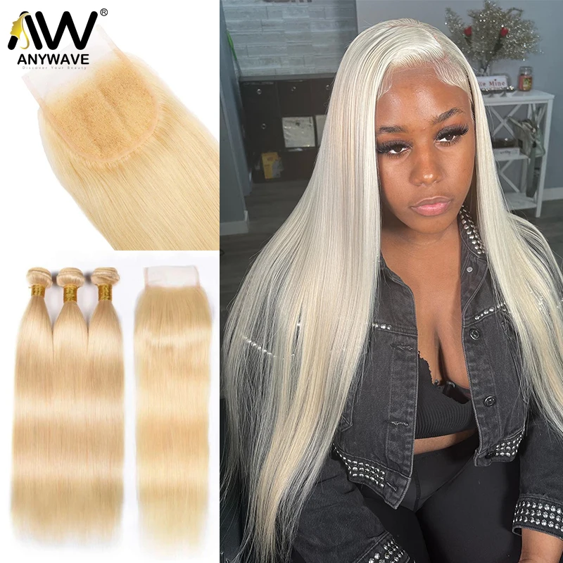 

613 Straight Bundles With Closure Blonde Honey 4x4 Transparent Lace Brazilian Human Hair Weave 28 30 32 Inch And 3 4 Bundle Remy