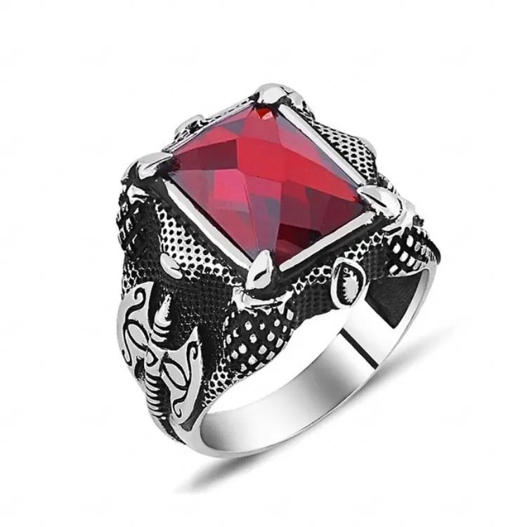 

Axe Embroidered Red Baguette Zircon Silver Men 'S Ring