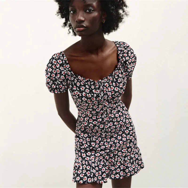 

Little Daisy Skirt Cute Floral Dress Puff Sleeve Dresses Women Sweet Girl Dark Dresses Beach Hot Summer Dress 2021 Drop Shipping