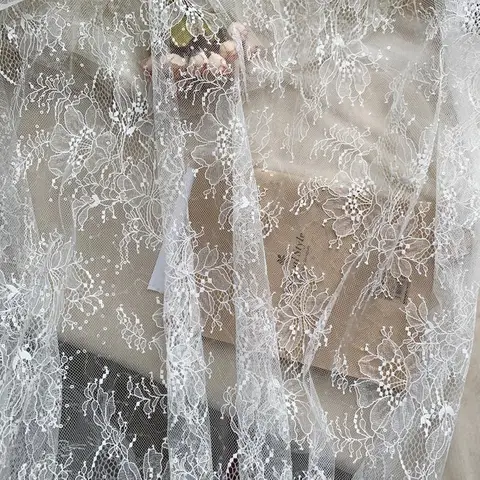 Белая кружевная ткань Шантильи с блестками для свадебного платья, свадебного платья