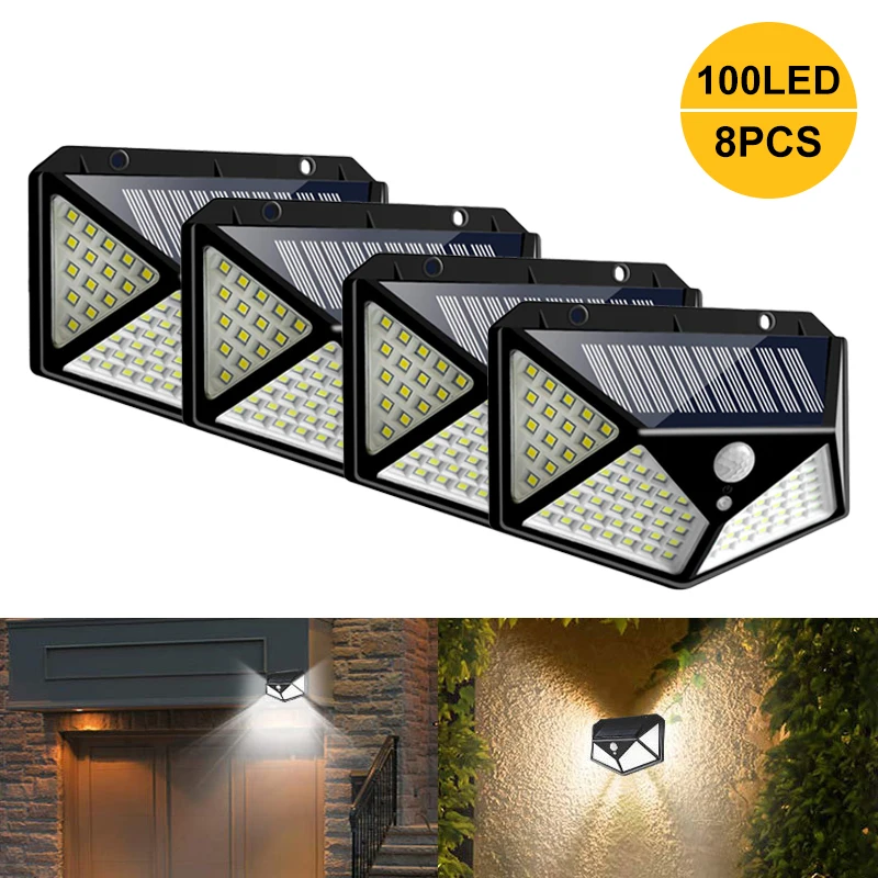 

Outdoor Solar LED Light Motion Sensor Wall Lantern 100LED Waterproof 3 Switch Modes for Garden Yard Porch Stairs Garage Fence