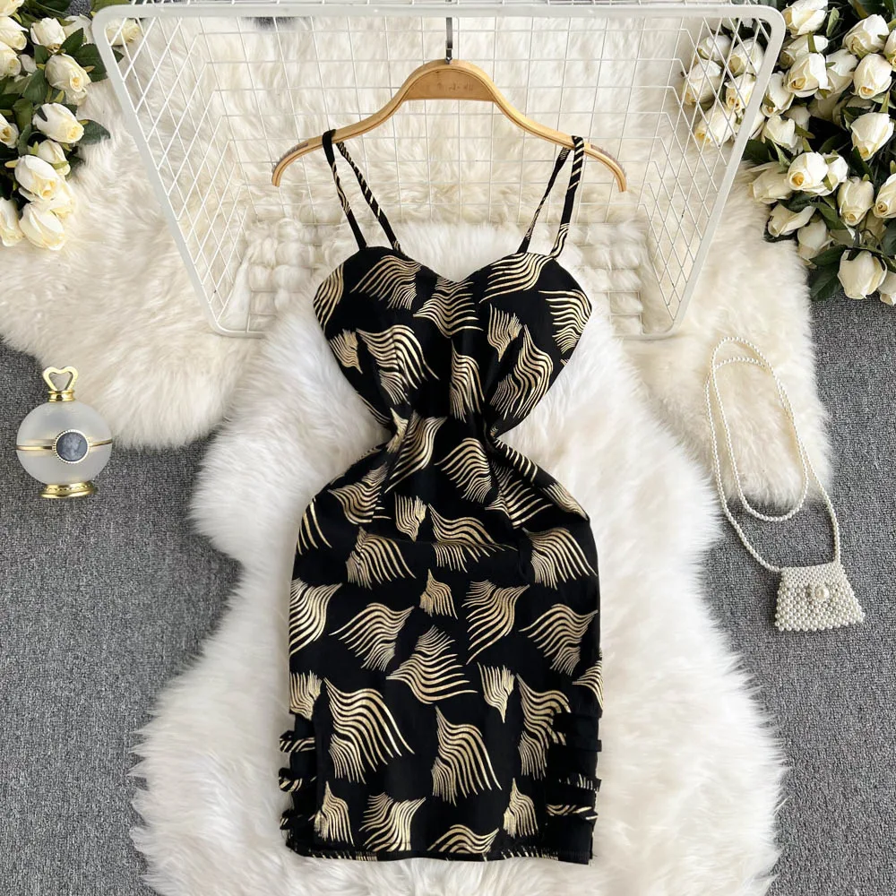 

Sexy Summer Women Holiday Print V-neck Mini Dress Female Spaghetti Strap Bohemian Beachwear Suspenders Waisted Temperament Slim