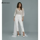 Женский кружевной комбинезон Lakshmigown, Свадебный комбинезон с рукавами-фонариками и V-образным вырезом, на пуговицах, 2022