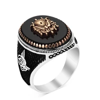 silver ottoman crest mens ring with black onyx stonework fashion turkish premium quality handmade jawelery