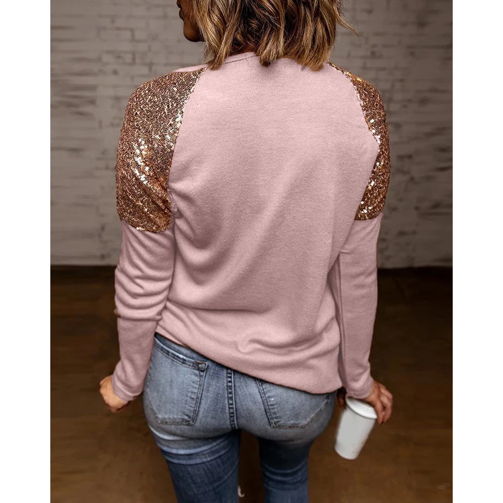 Женская Повседневная футболка с длинным рукавом блестками в стиле пэчворк