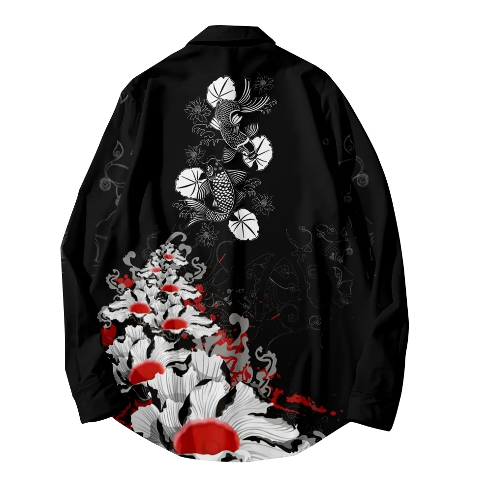 

Koi and Blood River Gothic Style Shirts Japanese Retro Koi Hibiscus Long Sleeve Shirts for Men and Women in Spring and Autumn